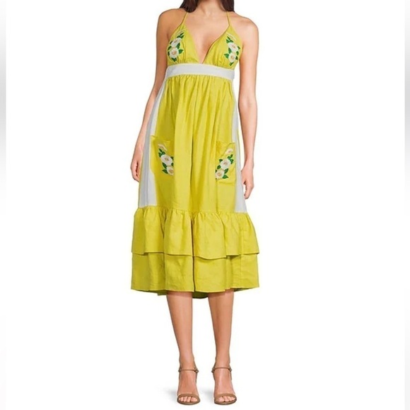 Fanm Mon Yamile 100% Linen Floral Embroidered Halter Midi Dress Mustard Lime NWT - Picture 1 of 16